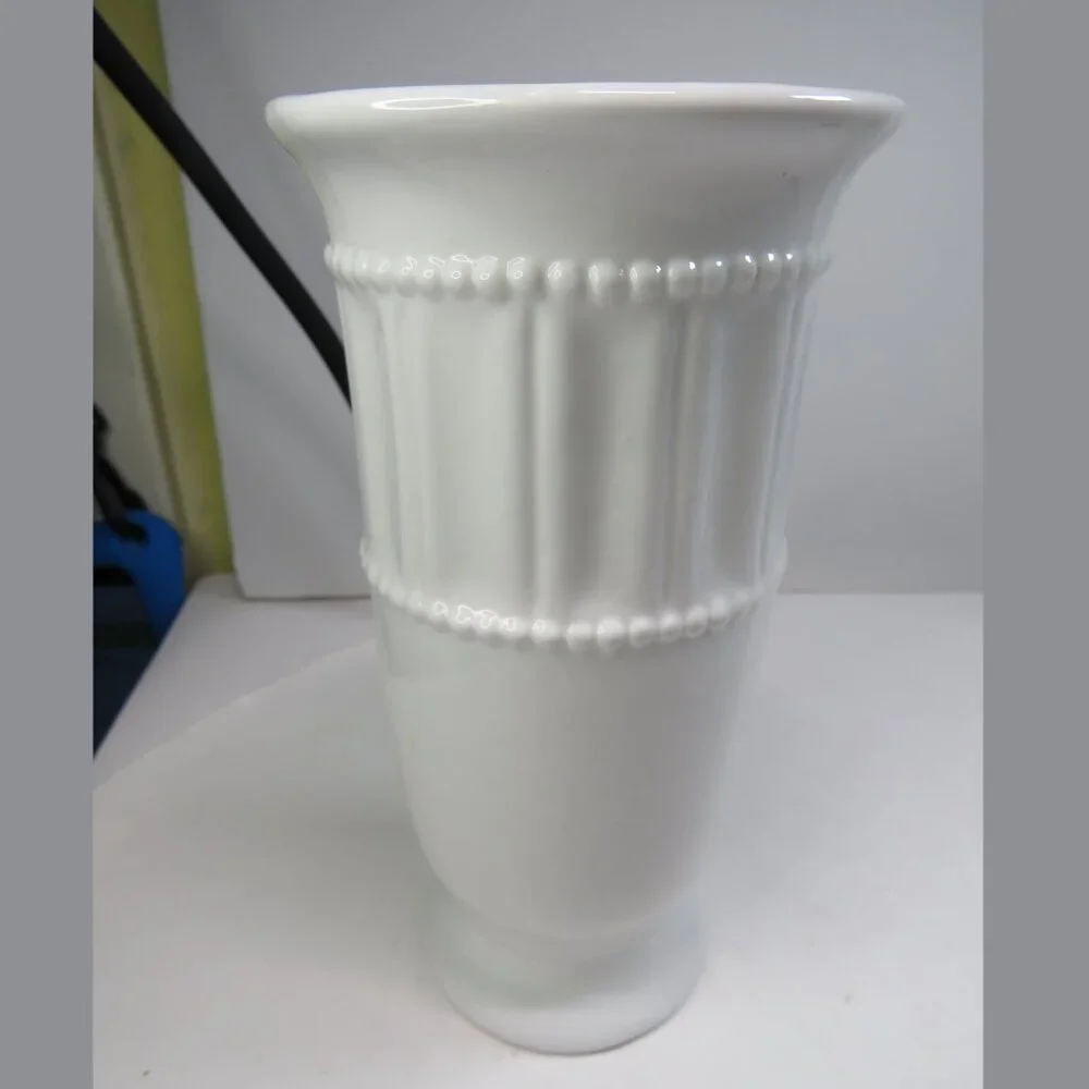 White Ceramic Vase with Pink Silk Faux Flowers Vase BEADED & RIBBED, Faired Base
